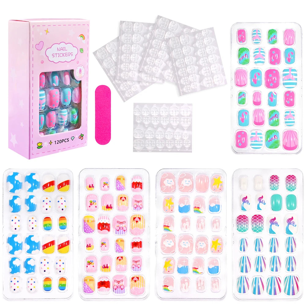 120pc/Box Kid's Christmas Press On Nails Kawaii Cartoon Santa Snowman Xmas Tree Full Cover Acrylic False Nail Kid Christmas gift