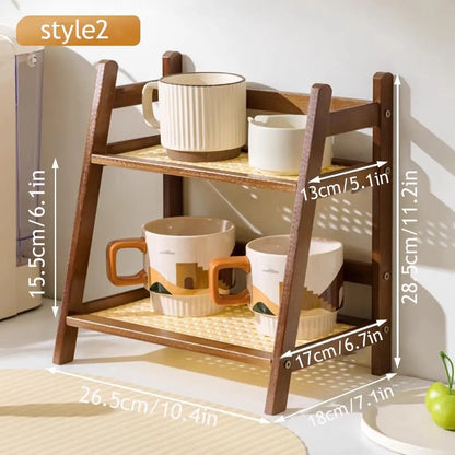 2 Laye Bamboo Counter Top Organizer Coffee Cup Holder Display Rack Storage Rack For Kitchen Condiment Grocery Storage Shelf