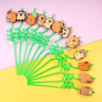 12pcs Cartoon Capybara Reusable Straws Durable PET Plastic,  Fun Animal Designs for Kids Parties, Birthdays, Home Decor Supplies