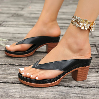 Casual Silver Pu Strap Flip Flops Women Vintage Round Toe High Heels Slip On Sandals Women 2025 Summer Elegant Shoes for Ladies