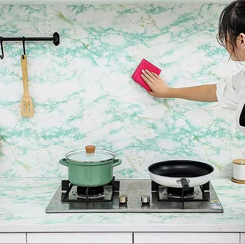 Pink and Green Kitchen Oil Resistant Stickers Marble Patterned Furniture Renovation Background DIY Self-adhesive Wallpaper