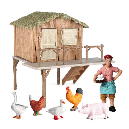 Oenux Farm House Model Action Figures Farmer Motorcycle Cow Hen Pig Animals Set Figurine Miniature PVC Cute Educational Kids Toy