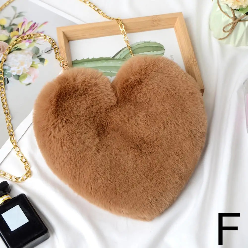Fashion Women's Heart Shaped Handbags Cute Kawaii Faux Fur Crossbody Bags Wallet Purse Plush Chain Shoulder Bag Lady Handbag