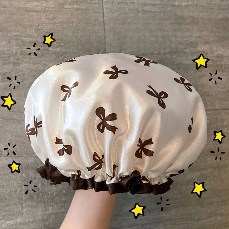 Double-Layer Shower Cap Waterproof New Fashion Bow pattern Reusable Bathing Hat Kitchen Oil-proof Sanitary Hat