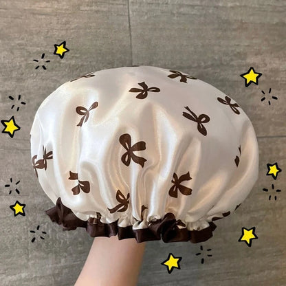 Double-Layer Shower Cap Waterproof New Fashion Bow pattern Reusable Bathing Hat Kitchen Oil-proof Sanitary Hat