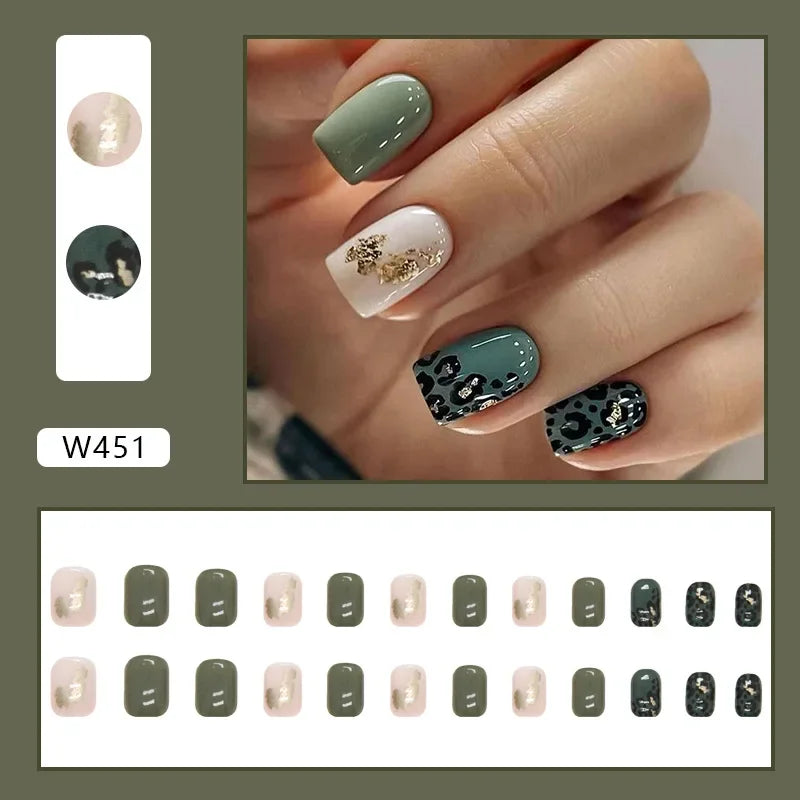 Fresh Green Tea 24 Pcs Fake Nail with Jelly sticker Press on False Nails Wearable Round Head Oval Full Cover Nail Tips