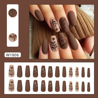 Caramel Flower 24 Pcs Press on Nails Pink Gradient Fake Nails Glossy Artificial Finger Manicure Reusable False Nails for Women