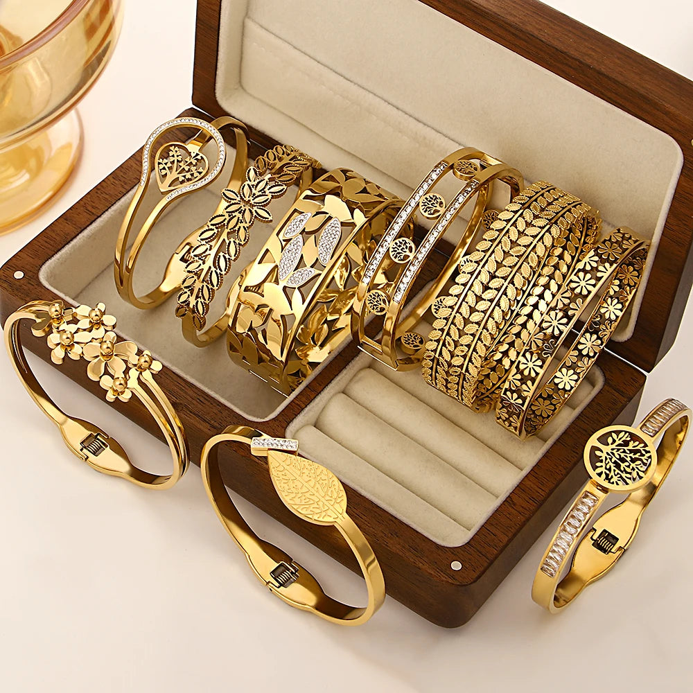 Greatera Irregular Hollow Leaf Flower Decoration Stainless Steel Opens Bracelet For Women Men Cubic Zircon Filled Luxury Bangle