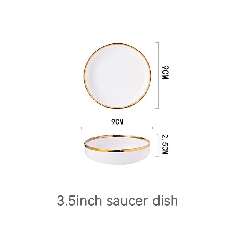 Ceramic Plates Bowls Gilt Rim White Porcelain Dinner Tray Kitchen Plates Ceramic Tableware Food Dishes Rice Salad Noodles Bowl