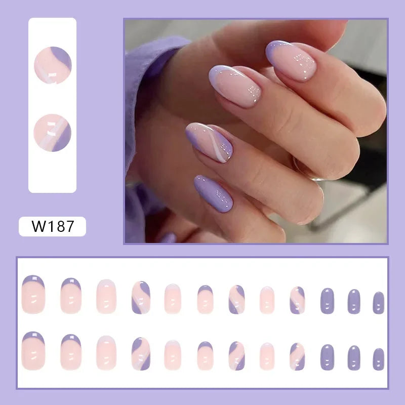 Fresh Green Tea 24 Pcs Fake Nail with Jelly sticker Press on False Nails Wearable Round Head Oval Full Cover Nail Tips