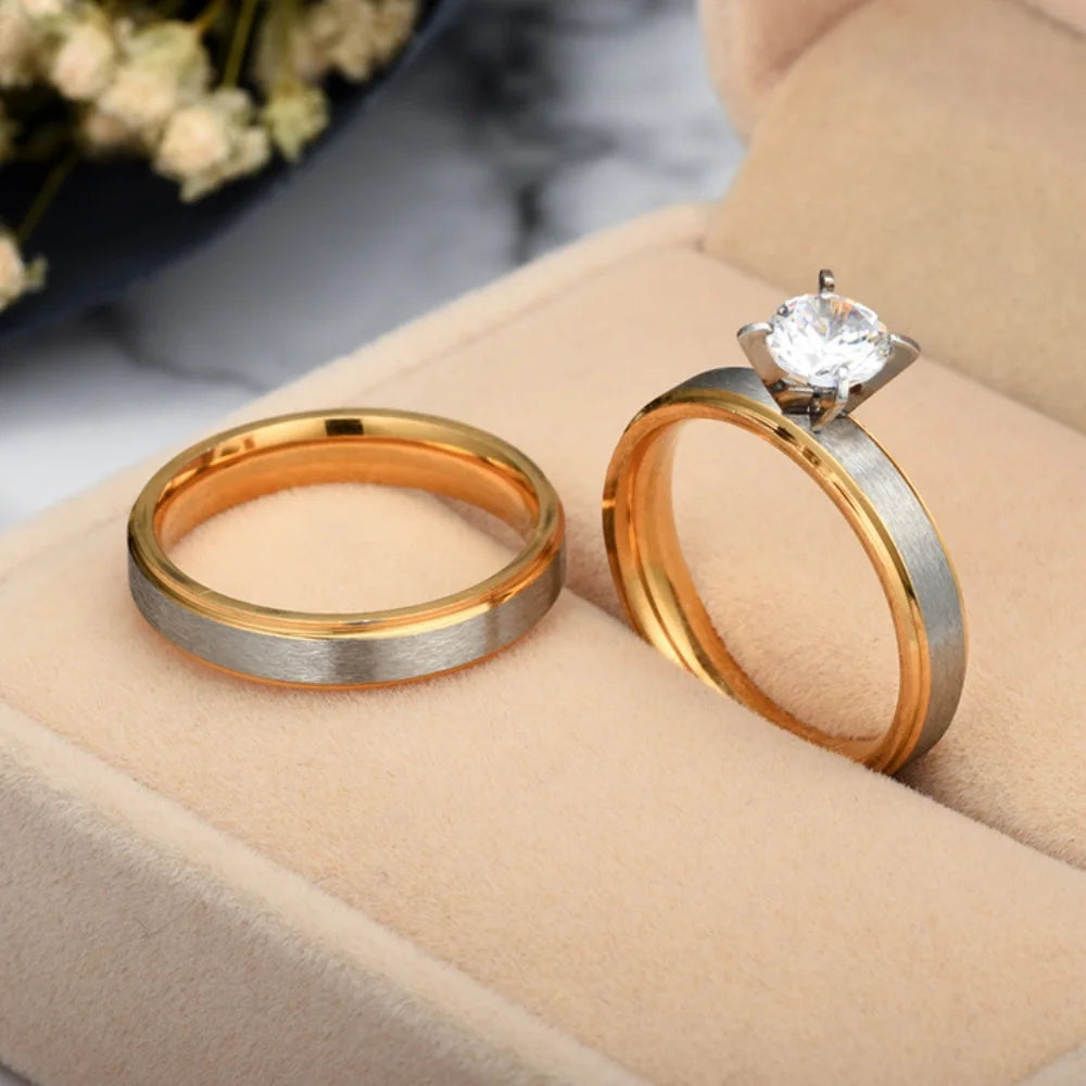 Fashion Matte 4-Prong Zircon Stainless Steel Couple Rings For Women Men Engagement Ring Valentine Day Jewelry Gift Size 6-12