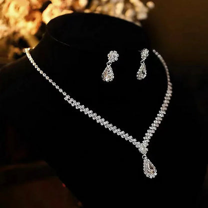 2Pcs/lot Simple Fashion Geometric Zircon Necklace Earrings Kit For Women Wedding Bride Jewelry Set Accessories Gift