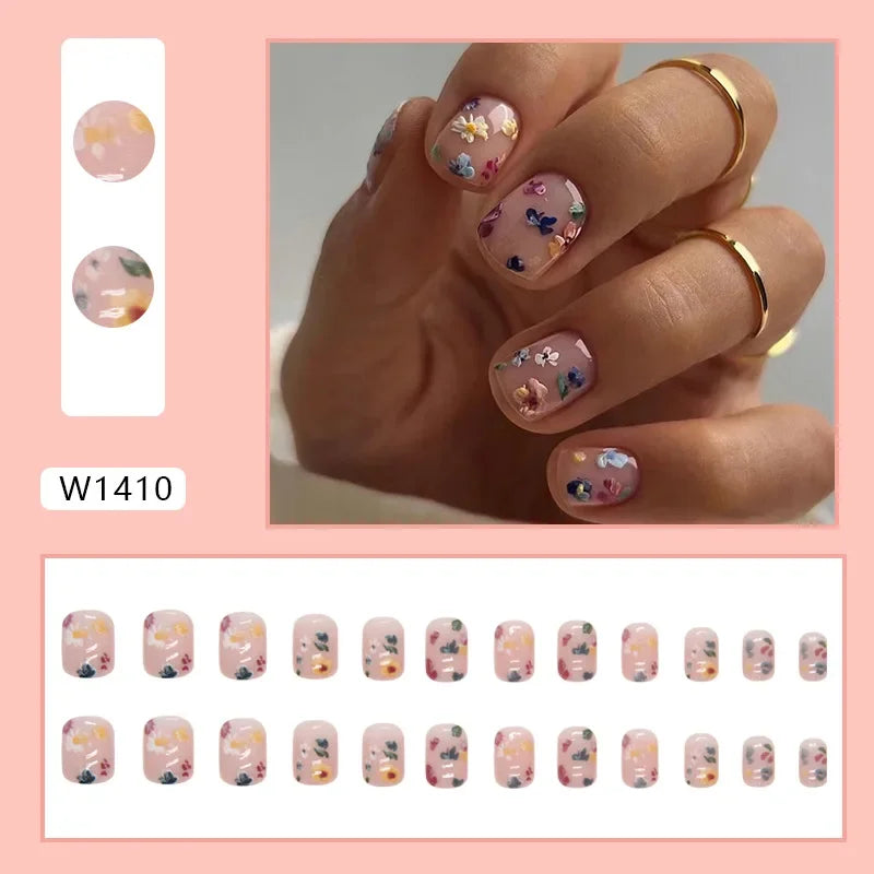 Fresh Green Tea 24 Pcs Fake Nail with Jelly sticker Press on False Nails Wearable Round Head Oval Full Cover Nail Tips