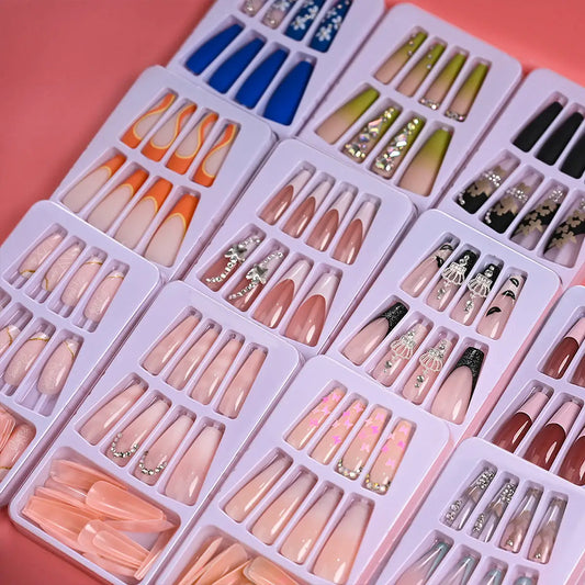 24Pcs Press on Fake Nails Short Medium French Acrylic Full Cover False Nail With Glue Kit Mini File Manicure for Women and Girls