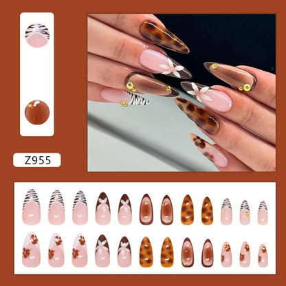 Caramel Flower 24 Pcs Press on Nails Pink Gradient Fake Nails Glossy Artificial Finger Manicure Reusable False Nails for Women