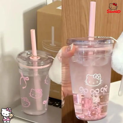 Hello Kitty Pink Straw Cup with Lid Plastic Student Portable Cup KT Cat Large-Capacity Transparent Plastic Water Cup Girl Gift