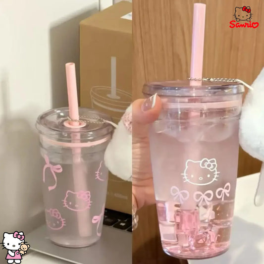 Hello Kitty Pink Straw Cup with Lid Plastic Student Portable Cup KT Cat Large-Capacity Transparent Plastic Water Cup Girl Gift