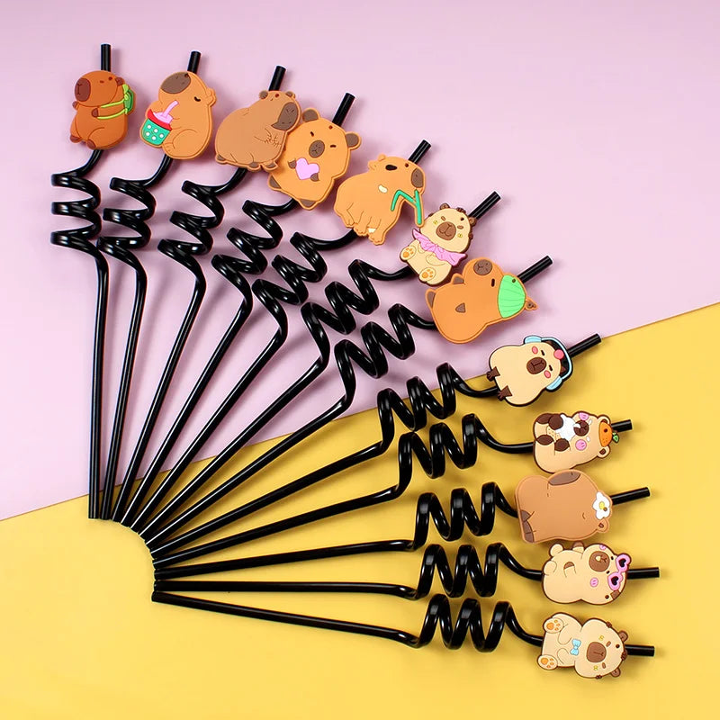 12pcs Cartoon Capybara Reusable Straws Durable PET Plastic,  Fun Animal Designs for Kids Parties, Birthdays, Home Decor Supplies