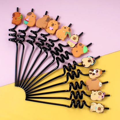 12pcs Cartoon Capybara Reusable Straws Durable PET Plastic,  Fun Animal Designs for Kids Parties, Birthdays, Home Decor Supplies
