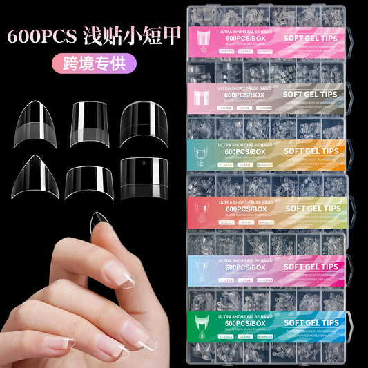 600pcs Ultra Short French False Nails Acrylic Nail Pieces Almond Square Traceless Half Pack Scrub False Nails Girls Beauty Tools