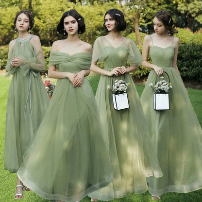 Elegant Green Tulle Bridesmaid Dress Women's Off Shoulder A-Line Evening Gowns Elegant Wedding Party Guest Long Dresses
