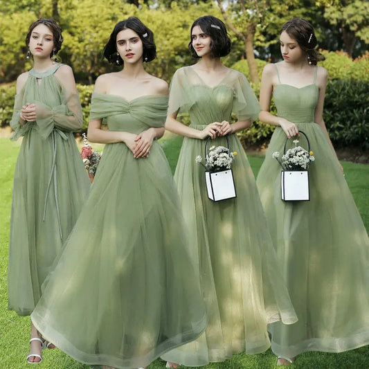 Elegant Green Tulle Bridesmaid Dress Women's Off Shoulder A-Line Evening Gowns Elegant Wedding Party Guest Long Dresses