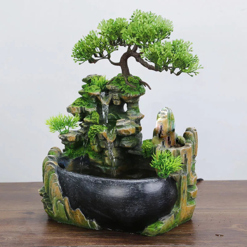 ABUP-EU Plug,Indoor Simulation Resin Rockery Waterscape Feng Shui Water Fountain Home Desktop Decoration Crafts