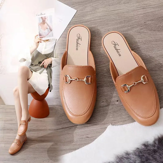 Casual Fashion Ladies Single Shoes Summer Slippers Outdoor Wear Half Slippers Metal Element PVC Material Comfortable Slip-On