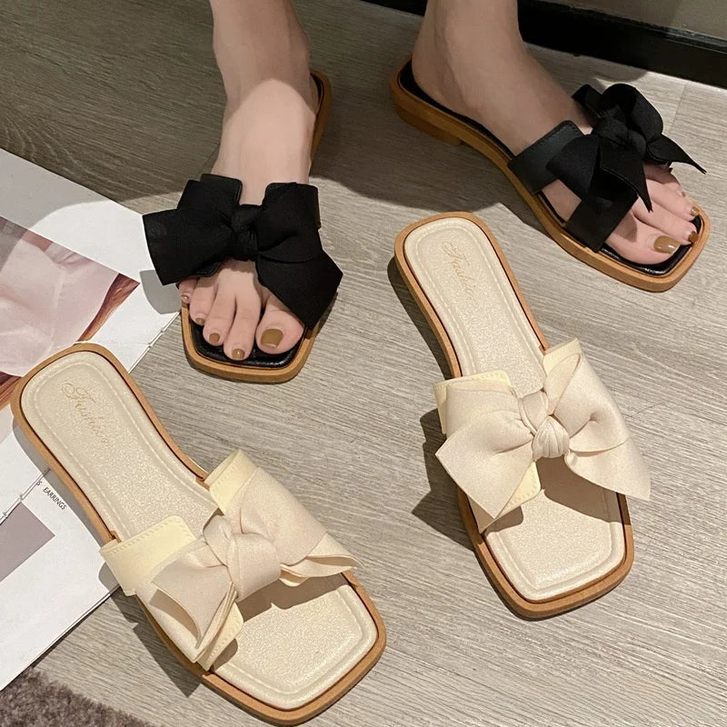 Summer New Women's Slippers Casual Butterfly Knot Low Heel Sandals Beach Outdoor Wear Comfortable Flat Shoes Sweet Style