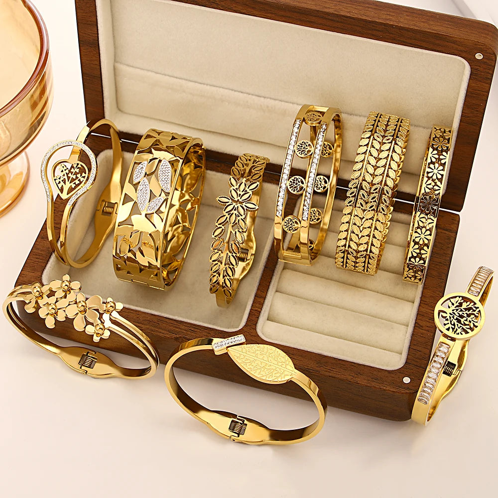 Greatera Irregular Hollow Leaf Flower Decoration Stainless Steel Opens Bracelet For Women Men Cubic Zircon Filled Luxury Bangle