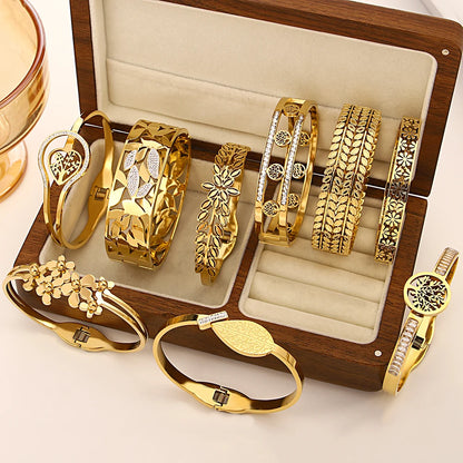Greatera Irregular Hollow Leaf Flower Decoration Stainless Steel Opens Bracelet For Women Men Cubic Zircon Filled Luxury Bangle