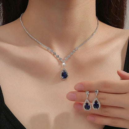 2Pcs/lot Simple Fashion Geometric Zircon Necklace Earrings Kit For Women Wedding Bride Jewelry Set Accessories Gift