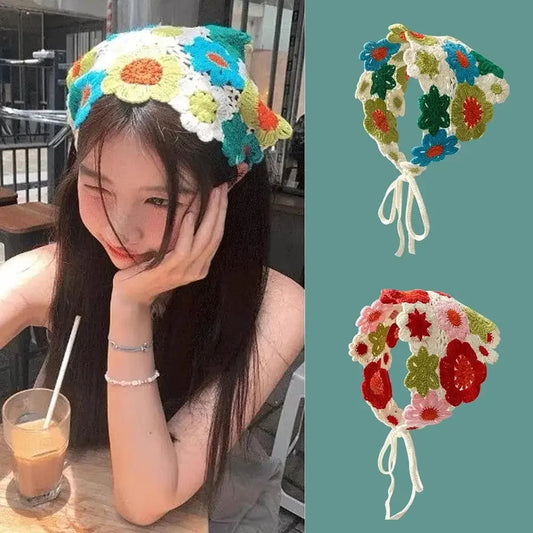 Knitted Triangle Headband French Pastoral Style Little Flower Headband Towel Handmade Crochet Headscarf Hat Spring Summer