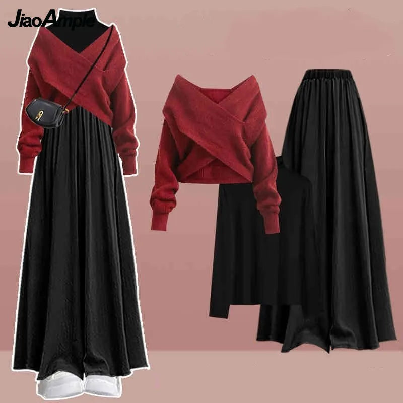 Women's 2025 Autumn/Winter New Fashion In Matching Set Korean Elegant Knitted Sweater+Undershirt+Casual Skirt Pants 3-Piece Suit