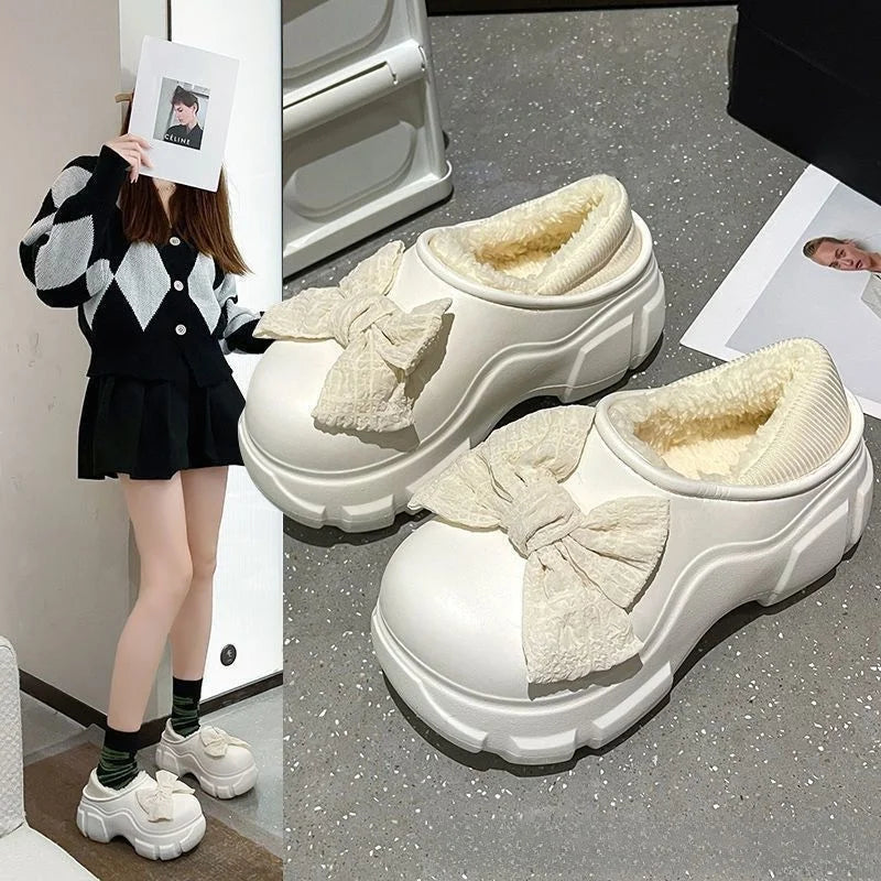 Women's Fairy Tale Style Thick Bottom Cotton Slippers Winter Waterproof Outdoor Cute Butterfly Knot Heel Fleece Lined Anti-sl...