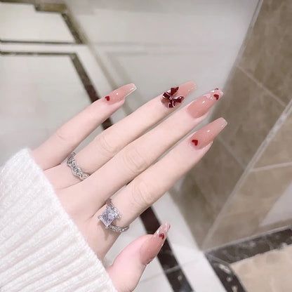 24Pcs/Set Pink Bow French Fake Nails Art Cute with Diamonds Girls Reusable Ballet Press on Nail Tips Oval Acrylic Stick on Nails