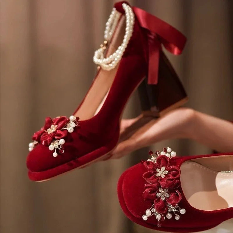 Red Wedding Shoes, Two-wear Wedding Dress, Mary Jane's Thick and High Heel Women's Shoes 2025 New Style