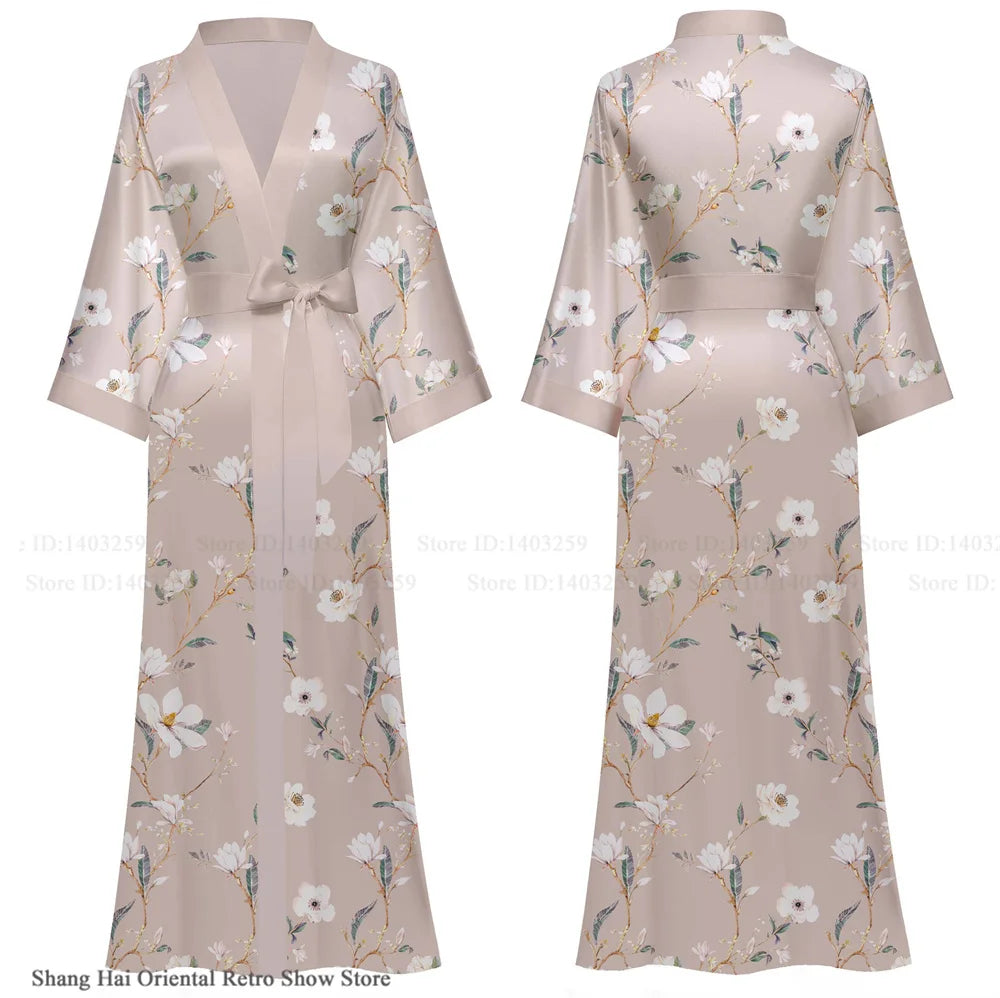 Elegant Print Flower Women Long Robe Loungewear Silky Satin Kimono Bathrobe Gown Spring Autumn New Sleepwear Home Dress Negligee