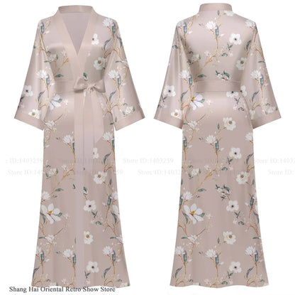 Elegant Print Flower Women Long Robe Loungewear Silky Satin Kimono Bathrobe Gown Spring Autumn New Sleepwear Home Dress Negligee