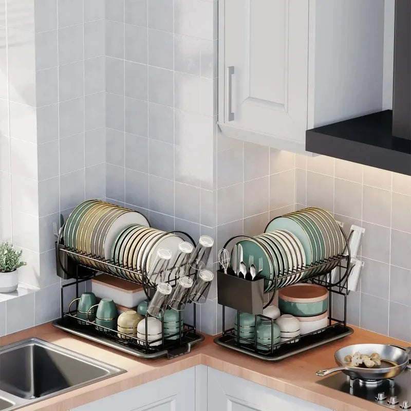 2 tier dish drying rack drain board set tableware drainer Kitchen countertop storage rack cup holder Knife and fork holder