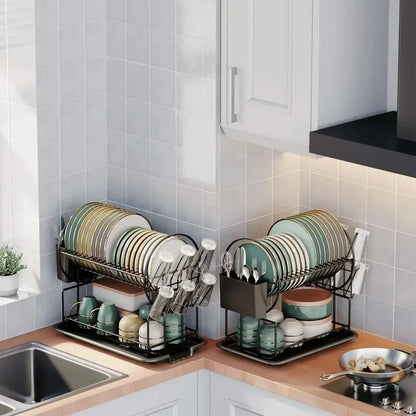 2 tier dish drying rack drain board set tableware drainer Kitchen countertop storage rack cup holder Knife and fork holder