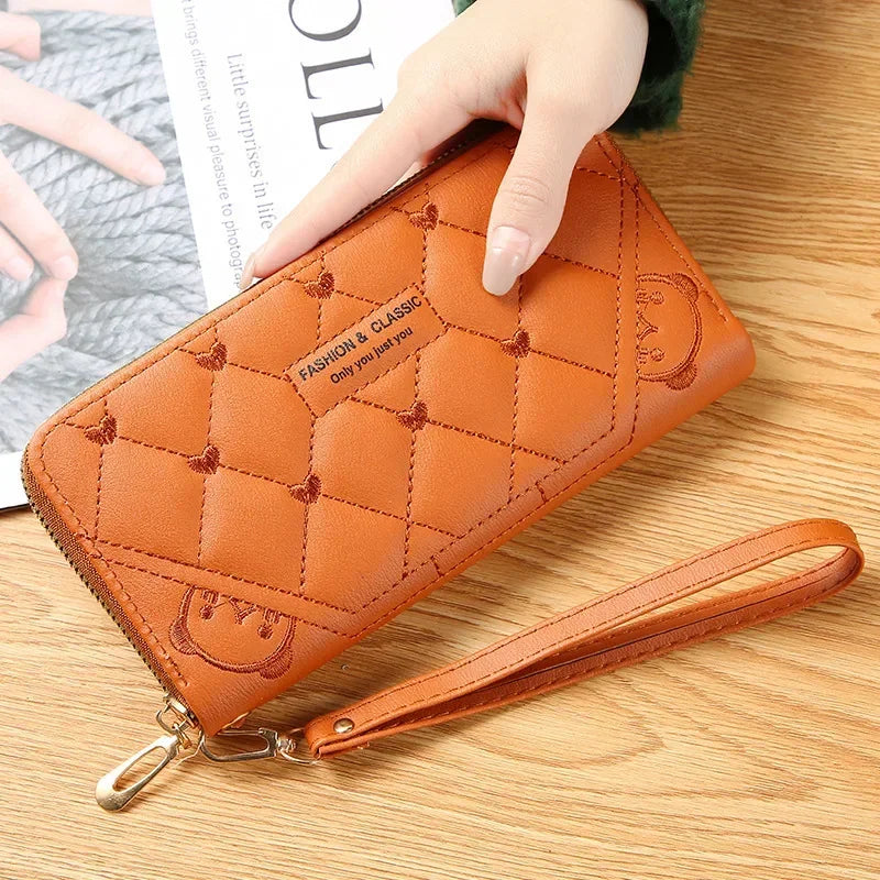 New Long Short Wallet Women's Fashion Credit Card Bag Purse Zipper Handbag Embroidered Heart Mobile Phone Money Coin Bag Case