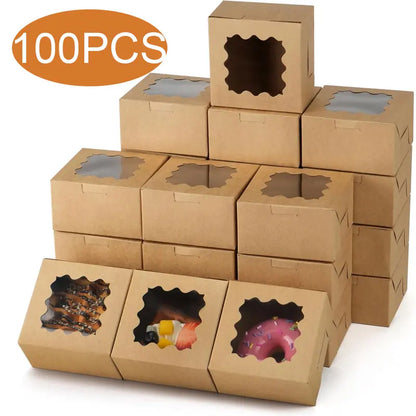 50/100Pcs Kraft Cake Boxes With Window, 4x4x2.5IN Dessert Pastry Macaron Bakery Boxes For Cake, Pastries, Chocolates, Biscuits