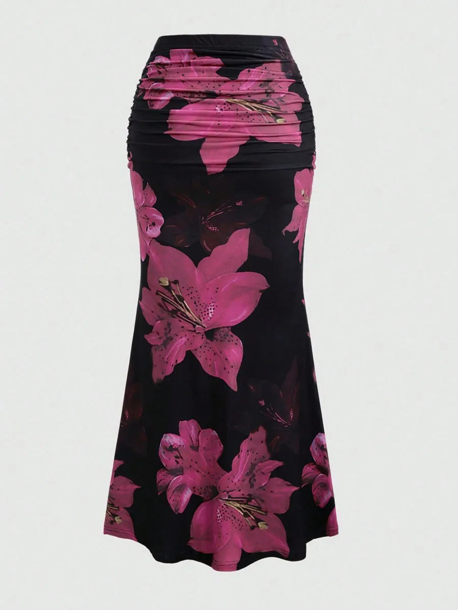 Women's Pleated A-Line Skirt Vintage Flower Printed Ruched Bodycon Skirts Summer Leisure Vacation Long Skirt