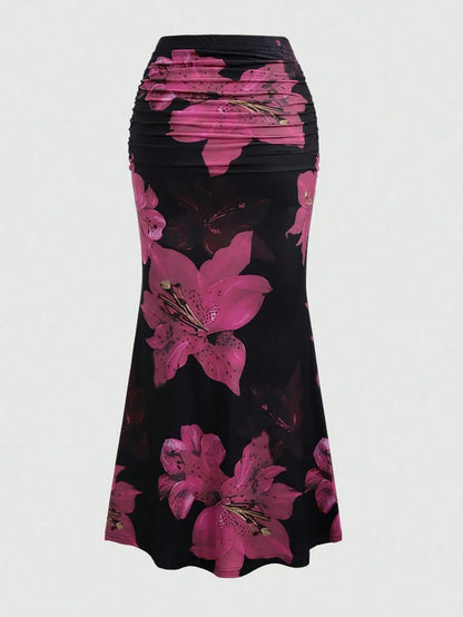 Women's Pleated A-Line Skirt Vintage Flower Printed Ruched Bodycon Skirts Summer Leisure Vacation Long Skirt