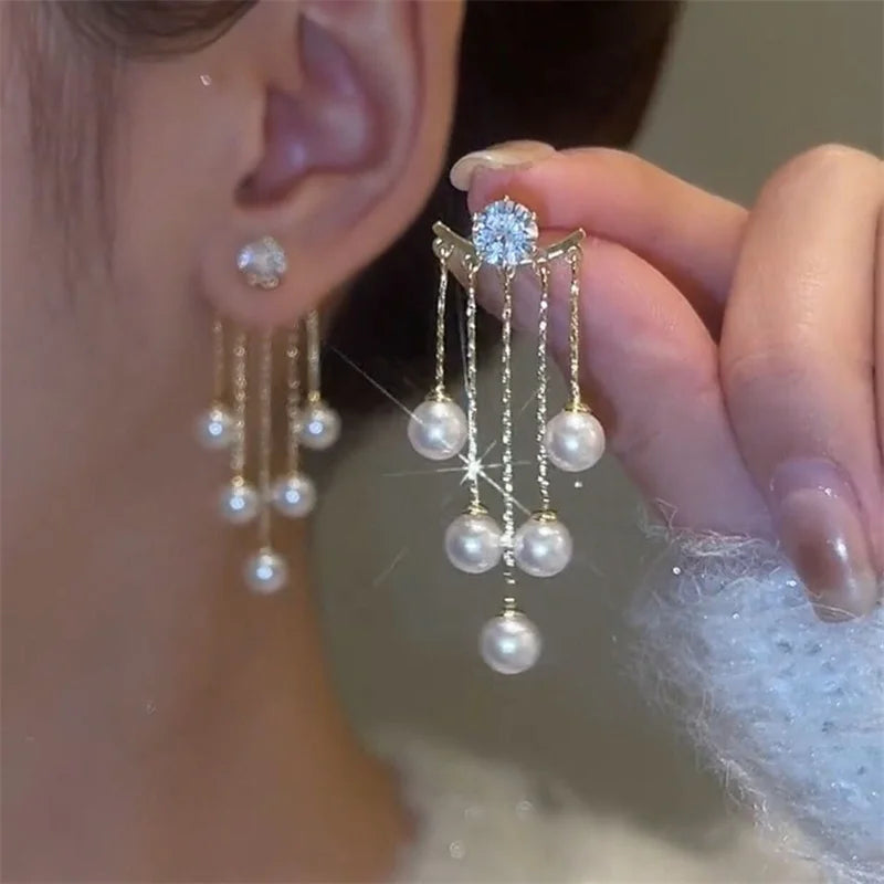 1Pair Korean Style Long Imitation Pearl Tassel Dangle Earrings For Women Trendy Full Crystal Fringe Drop Earring Vintage Jewelry