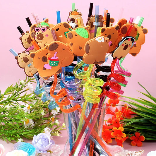 12pcs Cartoon Capybara Reusable Straws Durable PET Plastic,  Fun Animal Designs for Kids Parties, Birthdays, Home Decor Supplies