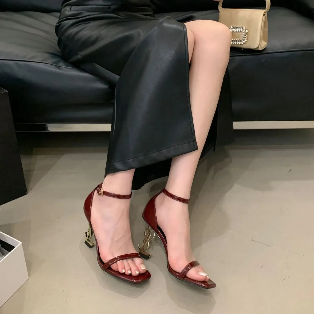 Sexy Letter High Heel Sandals Summer New One Strap Buckle Women's Shoes Square Head Thin Heel Sandals Fragrant Style EVA Materia