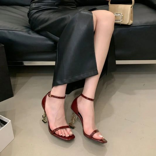 Sexy Letter High Heel Sandals Summer New One Strap Buckle Women's Shoes Square Head Thin Heel Sandals Fragrant Style EVA Materia