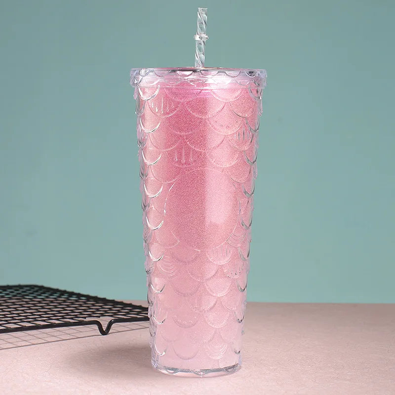 LUSQI 710ml Water Bottles With Straw Large Capacity Reusable - Creative Fish Scale Devise Plastic Drinking Cup